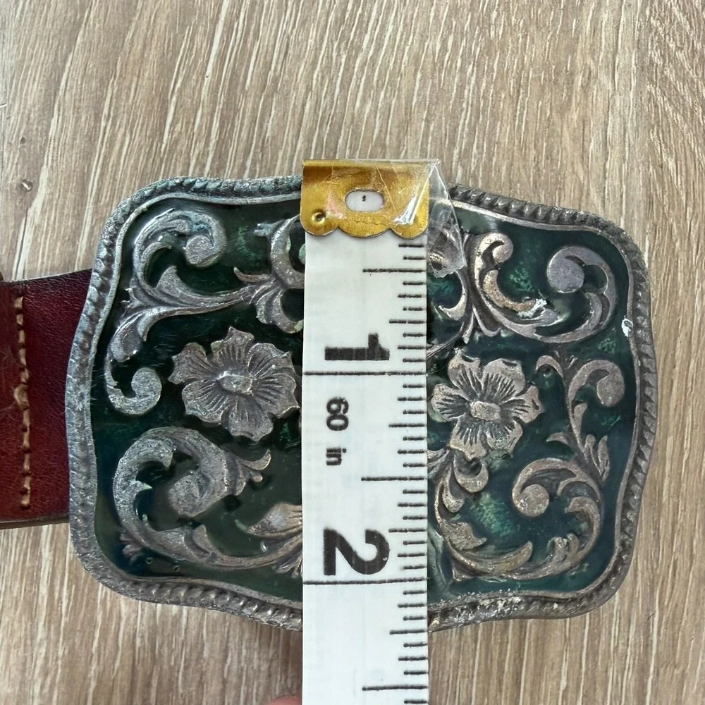 Vintage Women's Size M GAP Brown Leather Belt Floral Enamel Buckle Green Italy